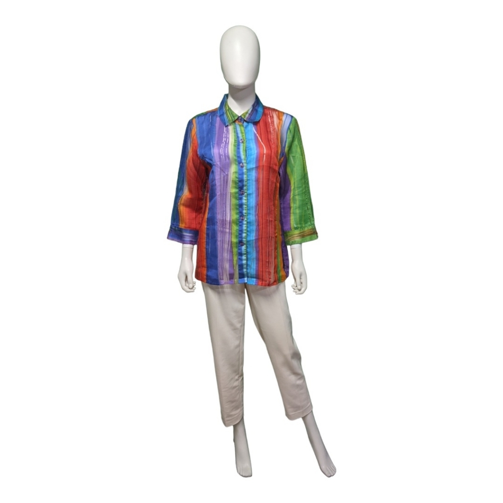 Erin London Multicolored Striped Sheer Top, M